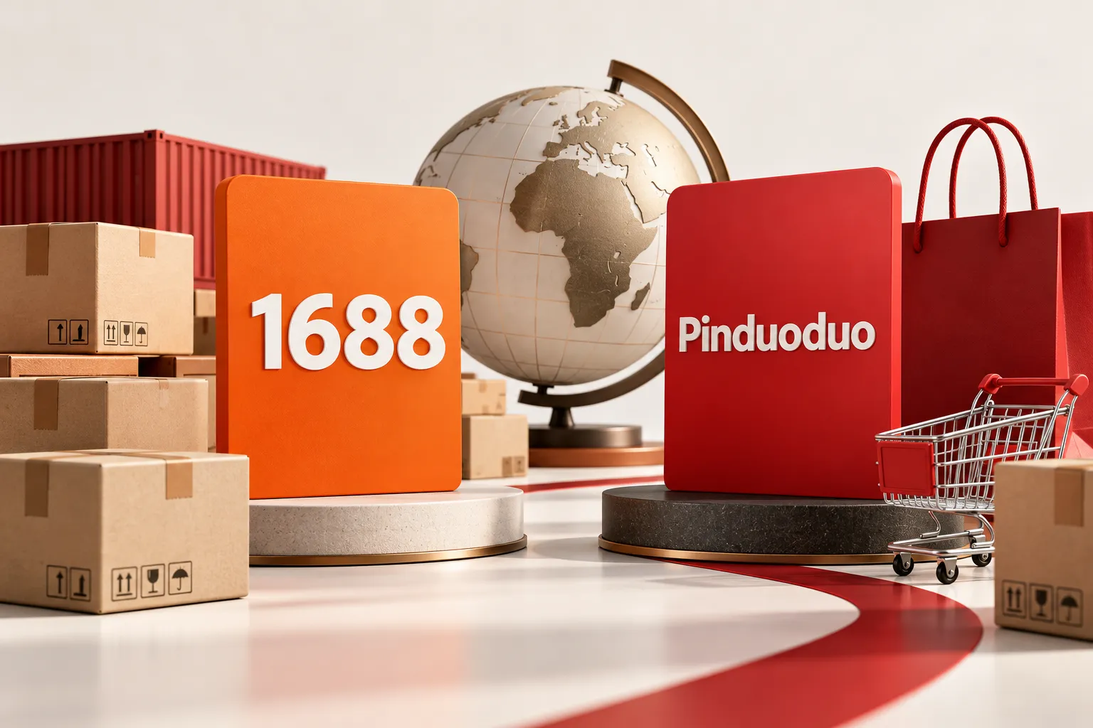 1688 and Pinduoduo shopping cards beside shipping cartons