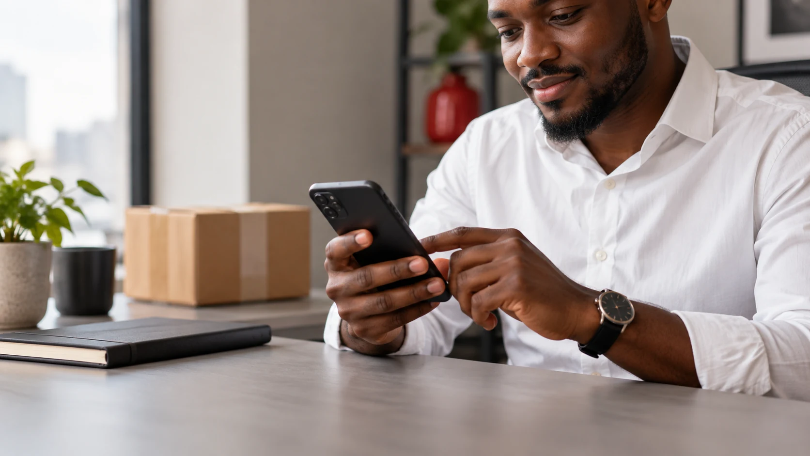 Entrepreneur using a smartphone at a desk with a parcel beside him