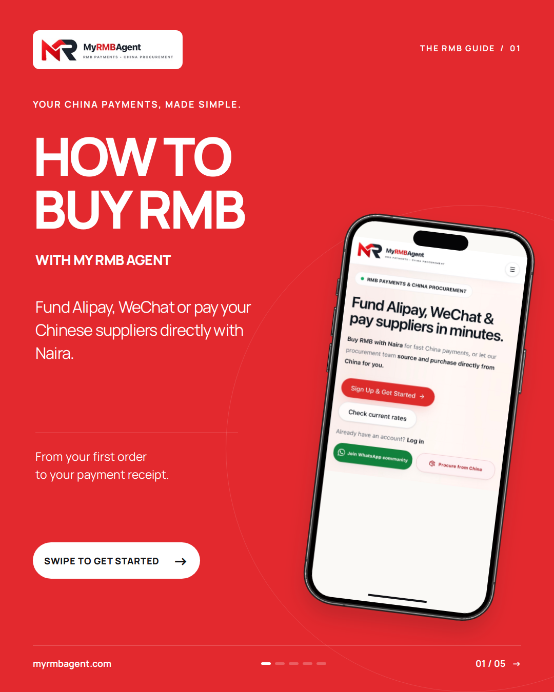 MY RMB AGENT guide cover showing the real homepage inside an iPhone mockup